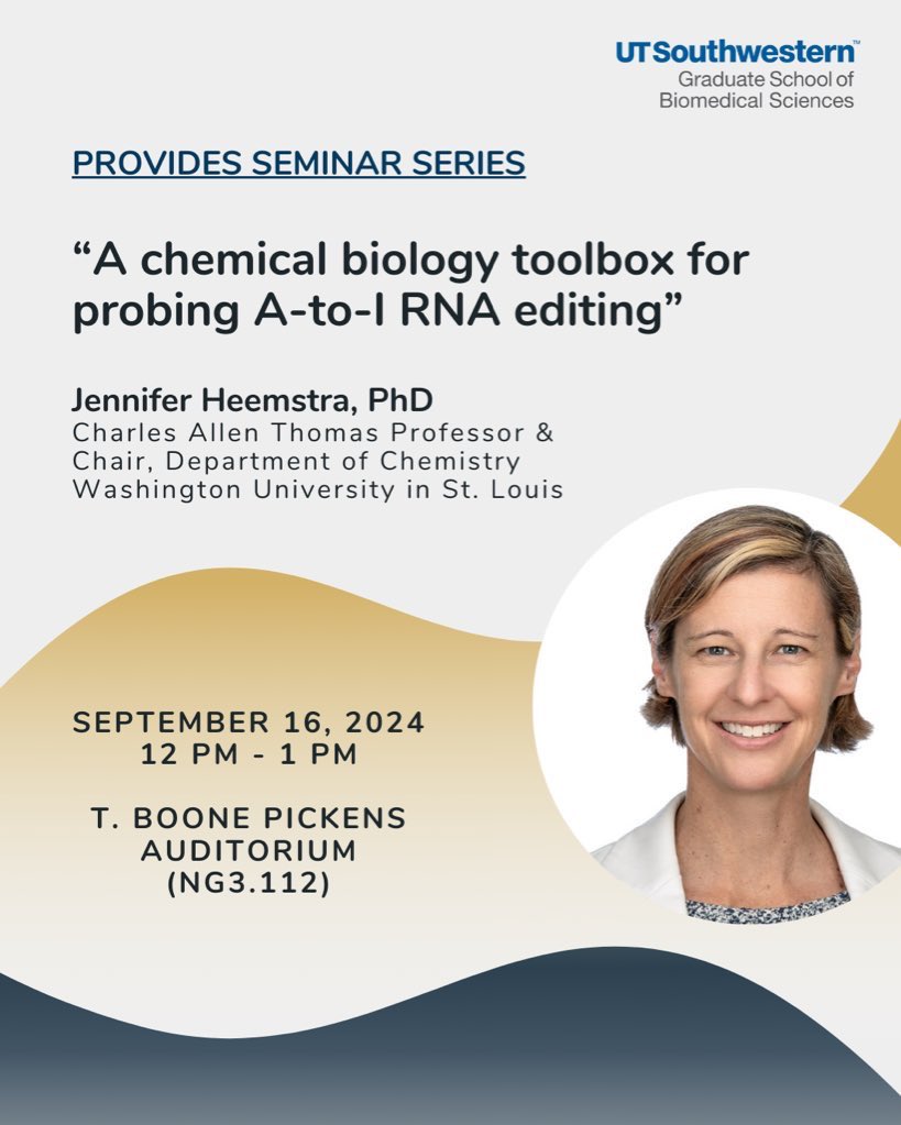 Dr. Arnaldo Díaz (@adiaz_phd) on Twitter photo @UTSW_PROVIDES welcomes Dr. Jennifer Heemstra (<a href="/jenheemstra/">Jen Heemstra</a>), Professor and Chair of <a href="/WashUChem/">WashU Chem</a>.
Seminar: A chemical biology toolbox for probing A-to-I RNA editing
September 16th at 12-1 pm
NG3.112 Auditorium @UTSW_PROVIDES welcomes Dr. Jennifer Heemstra (<a href="/jenheemstra/">Jen Heemstra</a>), Professor and Chair of <a href="/WashUChem/">WashU Chem</a>.
Seminar: A chemical biology toolbox for probing A-to-I RNA editing
September 16th at 12-1 pm
NG3.112 Auditorium