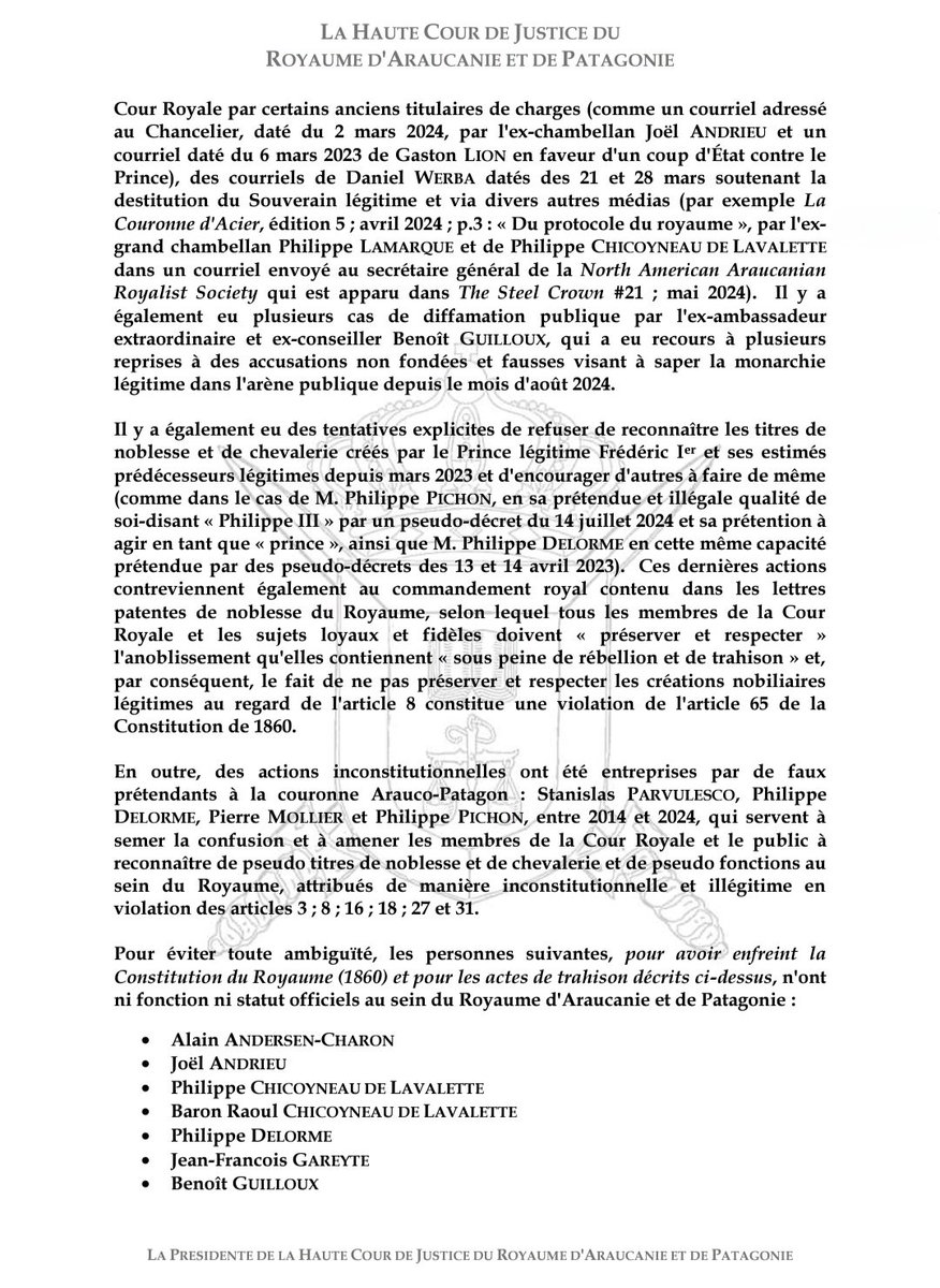 araucanie's tweet photo. Décision du 24 août 2024 de la Présidente de la Haute Cour de Justice d’Araucanie et de Patagonie confirmant le statut d'ex fonctionnaires du Royaume.
#Patagonie #Araucanie #Tourtoirac #RoseDeLima #RoyaumeAraucaniePatagonie #PrinceFrederic #RoyaumeAraucanie #Perigord #Mapuche https://t.co/UFTHQOiynE
