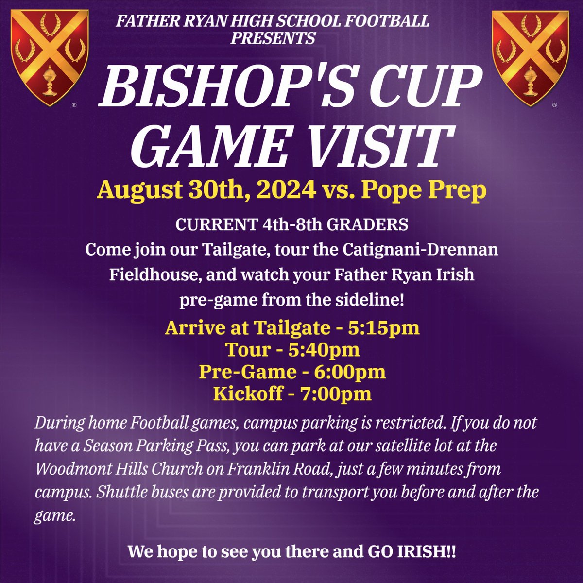 Father Ryan Football (@frhs_football) on Twitter photo Your Irish are 1-0, and our home opener is next Friday when we host Pope Prep in the Bishop's Cup!
4th through 8th graders are invited to come tour our athletic facility, and check out the pregame action from the sideline!
<a href="/fatherryan/">Father Ryan High School</a> <a href="/BrianRecto38425/">Brian Rector</a> Your Irish are 1-0, and our home opener is next Friday when we host Pope Prep in the Bishop's Cup!
4th through 8th graders are invited to come tour our athletic facility, and check out the pregame action from the sideline!
<a href="/fatherryan/">Father Ryan High School</a> <a href="/BrianRecto38425/">Brian Rector</a>