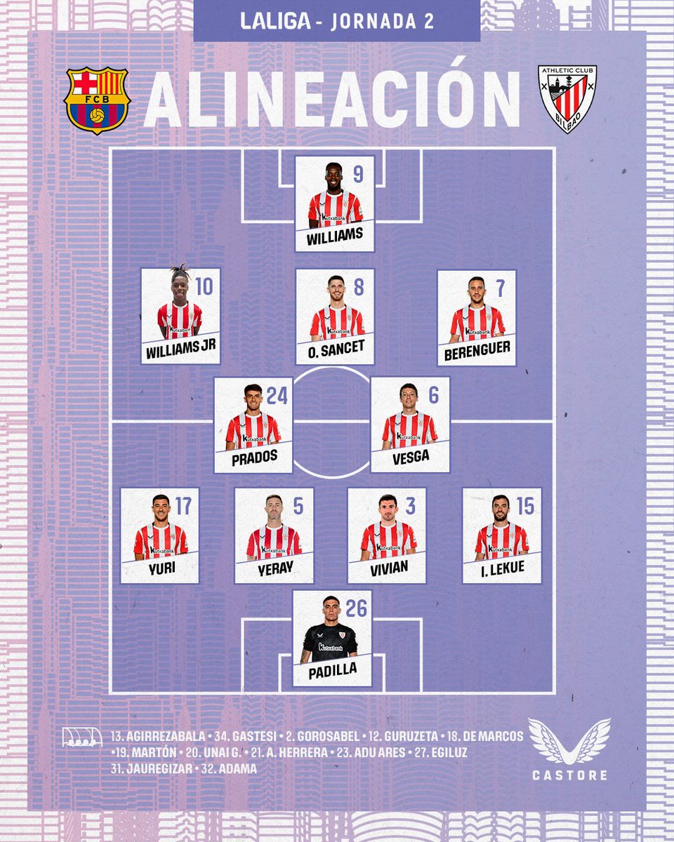🔥 ALINEACIÓN 

🧑‍🏫 Estos son los 11 jugadores elegidos por Ernesto Valverde para enfrentarse al Barcelona.

⭐️ Nico Williams titular en Montjuic

🥅 No juega Agirrezabala

⚽️ Guruzeta se queda en el banquillo

⁉️ ¿Os gusta la alineación del <a href="/AthleticClub/">Athletic Club</a>?