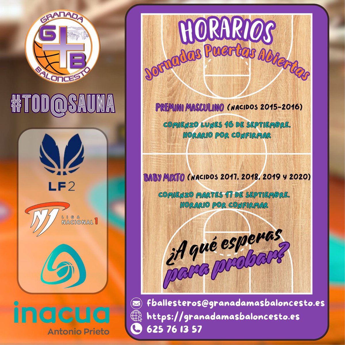 ‼️ARRANCAMOS‼️☀️⛱️

🔥Jornadas de puertas abiertas para nuestros equipos de cantera! 

🧑‍🧑‍🧒‍🧒Si quieres formar parte de la familia púrpura está es tu casa. No dudes en venir, y probar con nosotros 😉

📆 Os dejamos todos los horarios aquí abajo 🤙👇👇

#ForeverPurple💜