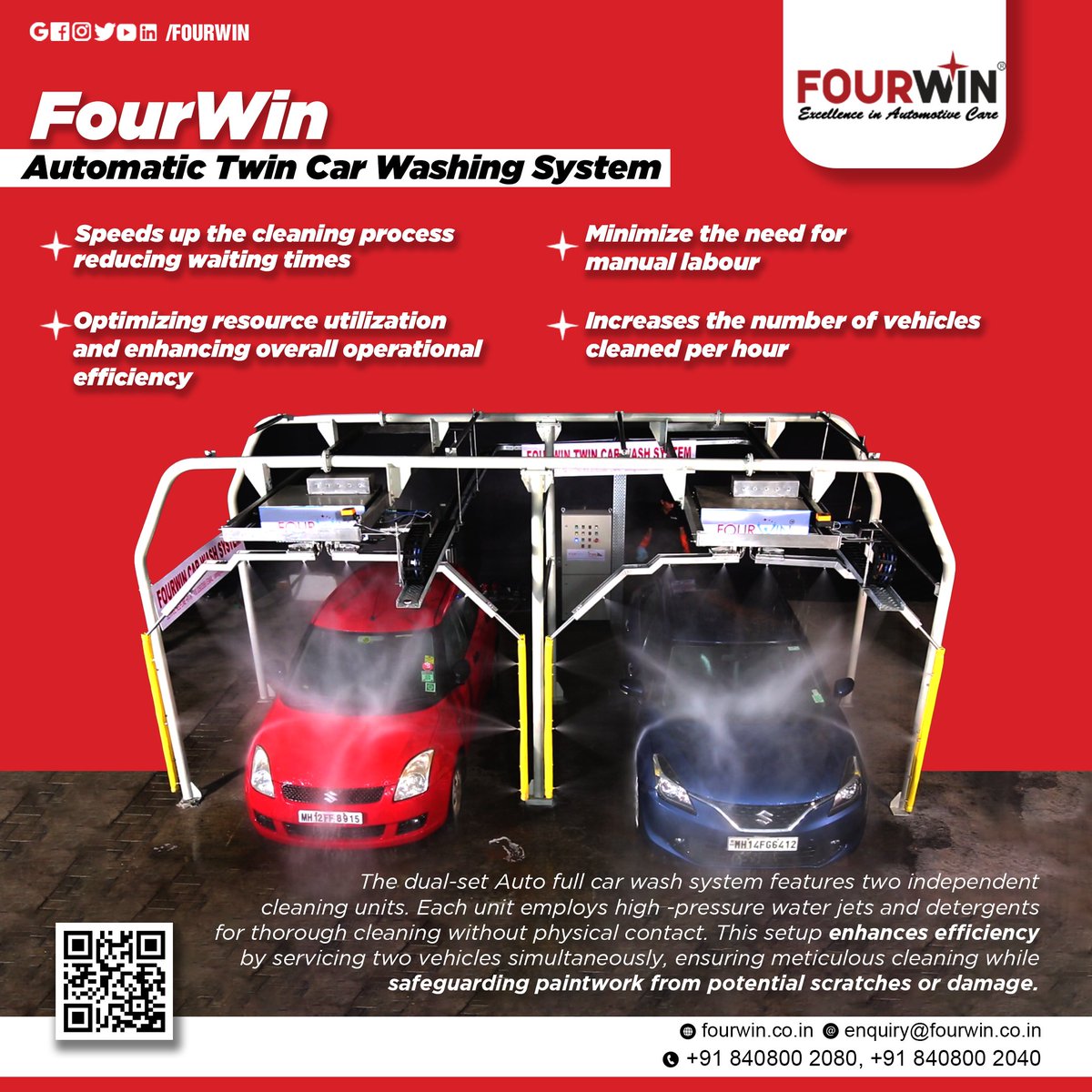 CarFourwin's tweet image. FourWin Automatic Twin Car Wash System features two independent cleaning units.  This setup enhances efficiency by servicing two vehicles simultaneously, ensuring meticulous cleaning while safeguarding paintwork from potential scratches. #automatedcleaning #SpotlessCarwash