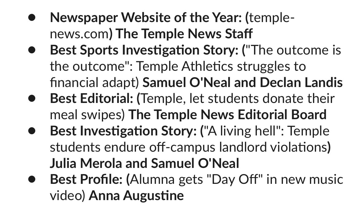 Exciting news: <a href="/TheTempleNews/">The Temple News</a> was nominated for FIVE <a href="/collegemedia/">College Media Association</a> Pinnacle awards --- the largest national student media awards.

Super proud of this staff, particularly that our website was nominated as one of the best student paper sites in the country.

All nominations below: