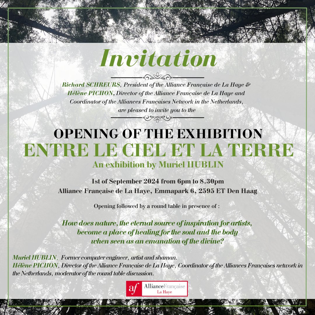 The Alliance française de La Haye invites you to the opening of the photographic exhibition ‘Entre le Ciel et la Terre’ by photographer Muriel Hublin.

🗓️ 6 September 2024;
🕰️ Between 6pm and 8.30pm;
🏫 At the Alliance Française de La Haye (Emmapark 6, 2595 ET Den Haag).