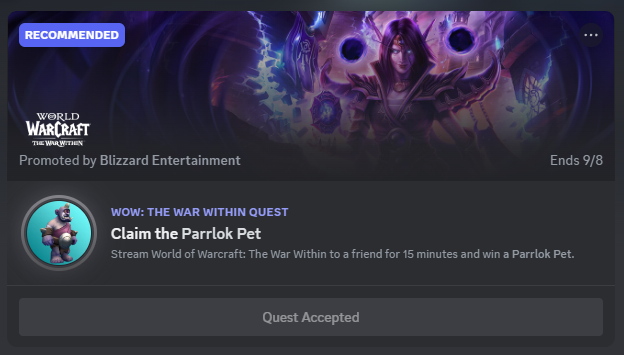 sStarbee's tweet photo. Discord gives you a battle pet reward for streaming World of Warcraft to a friend for 15 minutes!

Ends 9/8 https://t.co/eFugsT2lAr