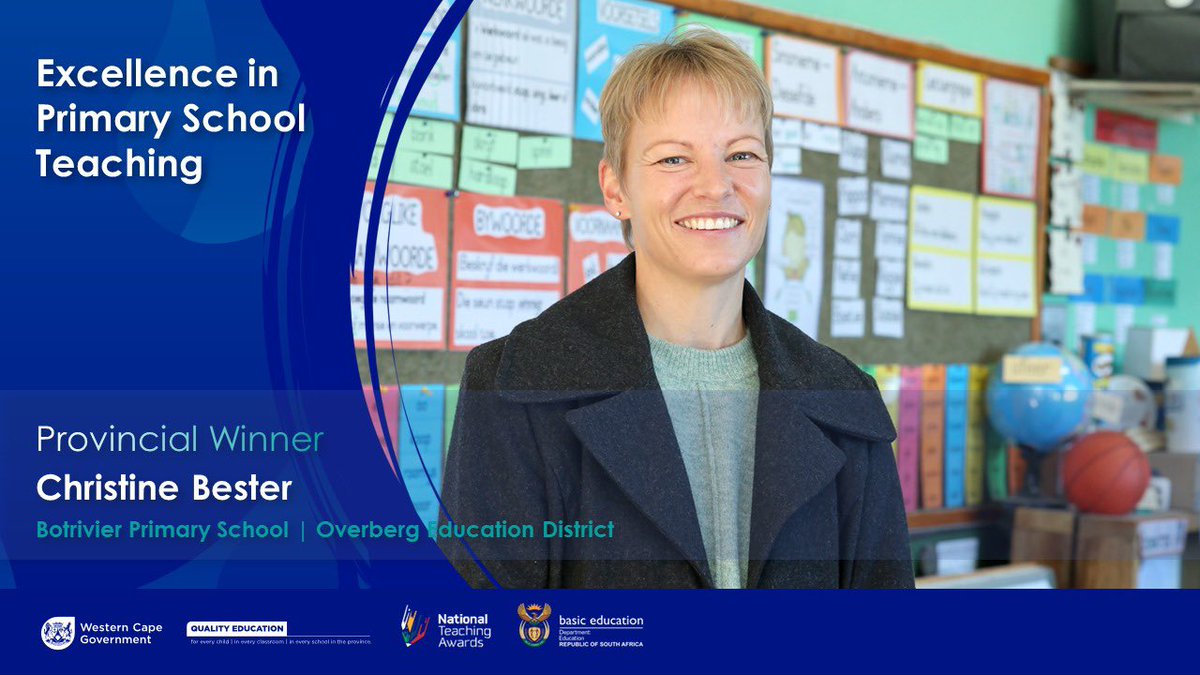 WCEDnews's tweet photo. Congratulations to Christine Bester from Botrivier Primary School on winning the Excellence in Primary School Teaching award. #NTA https://t.co/4TGl4TDzzX