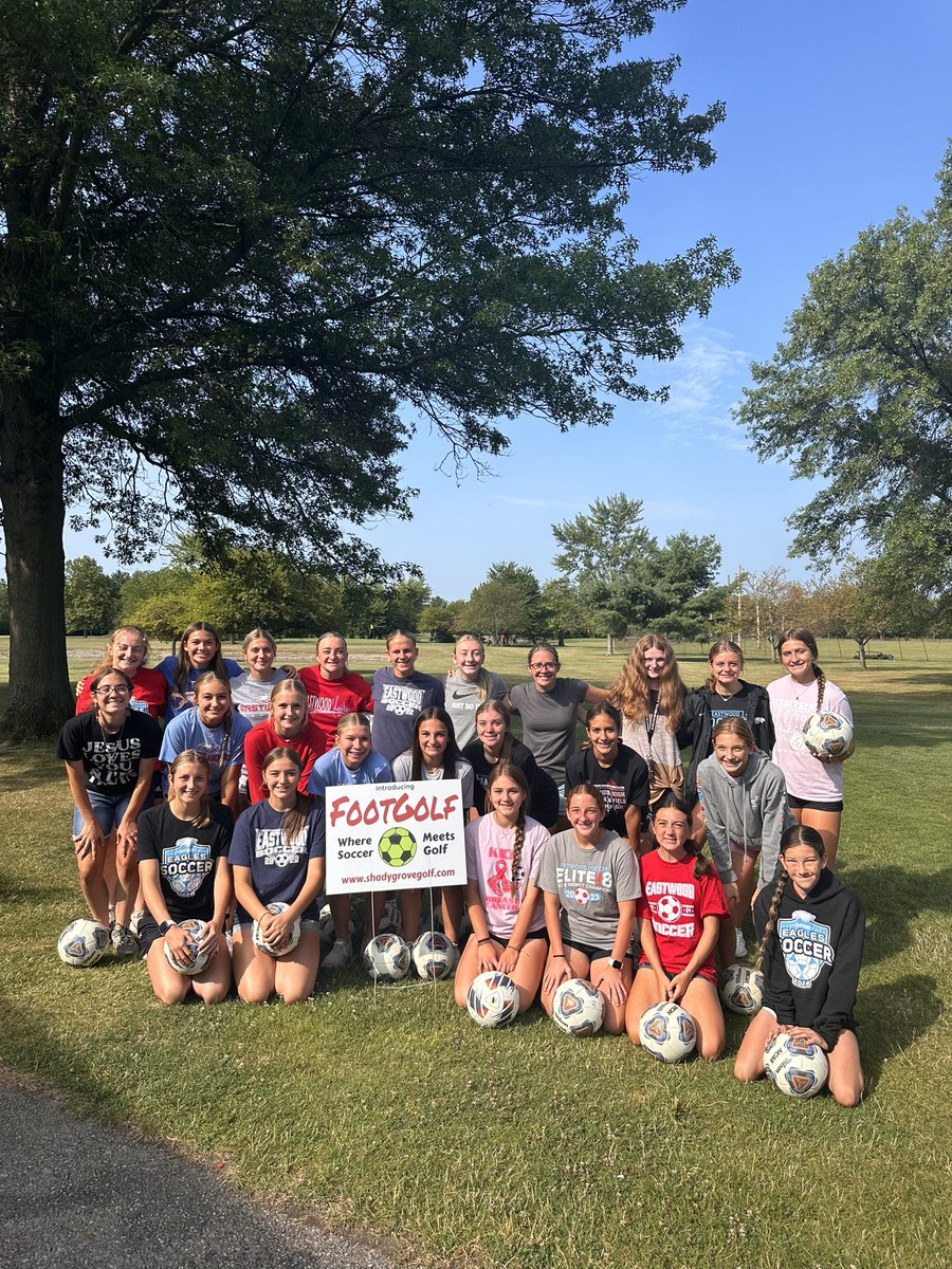 EaglesGSoccer's tweet photo. This morning we traded in practice for FootGolf! We completed 18 holes and walked almost 2 miles. These girls had a blast but will definitely be sore tomorrow! 
⚽️Winners of each group⚽️
(60) J. Jensen
(62) P.Sutton
(65) J. Appelhans 
(67) R.Burtchin https://t.co/IHhCmna4NY