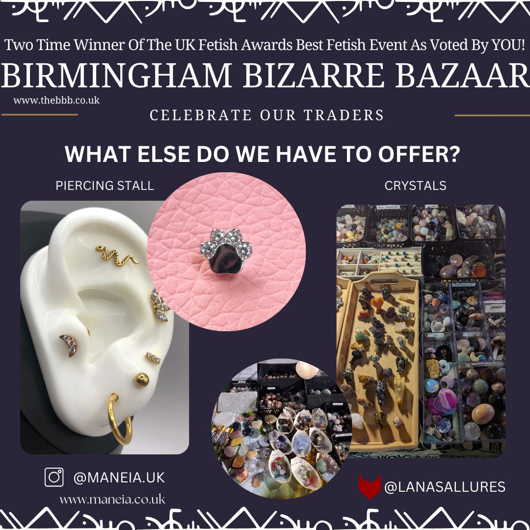 BBBAltFetBazaar's tweet photo. TRADER CELEBRATIONS!
Piercing is back - High quality jewelry, certified piercers, fully insured, clean sterile area, needle only (no guns).
#trader #spotlight #ourtraders #learnabouttheproducts #askadvice #tradersupport #piercing #newpiercing #crystals #rocksrock https://t.co/Nks3x4EofC