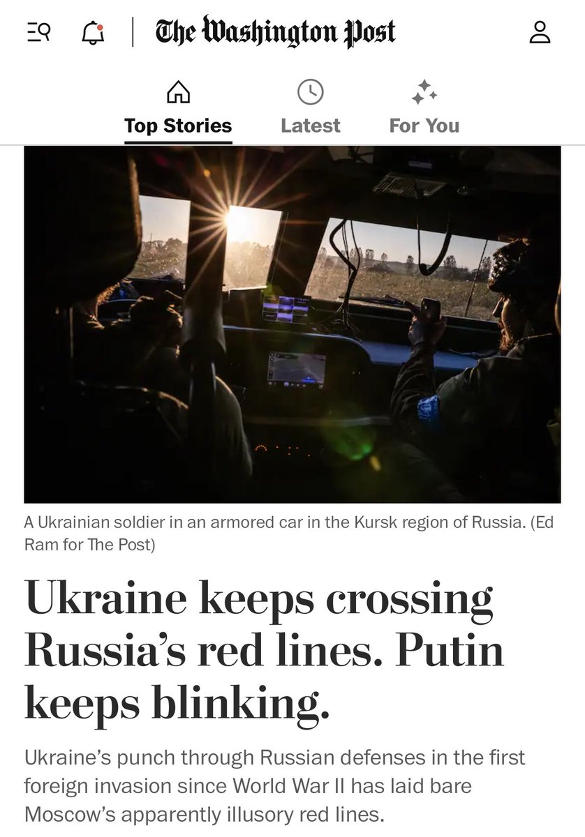 Tendar's tweet photo. What I have been saying a long time, is slowly appearing on the main pages of the news sites around the globe. The Ukrainian Kursk operation removed all the Potemkin covers of Russian threats and exposed Russian “red lines” as the hollow shell they have always been.

Look what Putin said:

“If Russia’s territorial integrity were threatened, we will certainly use all the means at our disposal to protect Russia and our people. It’s not a bluff.” (…) “The citizens of Russia can be sure that the territorial integrity of our Motherland, our independence and freedom will be ensured - I emphasize this again - with all the means at our disposal,” making a clear reference to Russia’s nuclear weapons.”

Like many previous statements Putin issued, this one has turned out to be a lie, again. It is a pattern which can be found all the way back when the open war started. Russia needs Westen indifference in order to progress and fails every time when we counter Russian interests. Every single time.

Whether it was Western-made tanks, ATACMS, F-16, attacks against targets inside Russia, etc. you name it, all Russian threats turned out to be bluffs. Russian red lines only exist to deter or at least delay weak Western leader from making the right decisions. Some are starting to realize that.

Full news: https://t.co/6mC9sRtp21