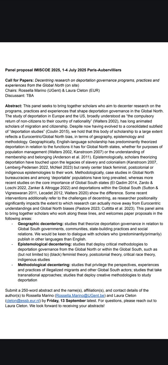 Call for abstracts 'Decentering research on deportation governance programs, practices and experiences from the Global North' for the next IMISCOE Annual Conference in Paris-Aubervillers, 1-4 July 2025. Deadline 13 September. Please share further! <a href="/IMISCOE/">IMISCOE</a> <a href="/IMISCOE_PhD/">IMISCOE PhD Network</a>