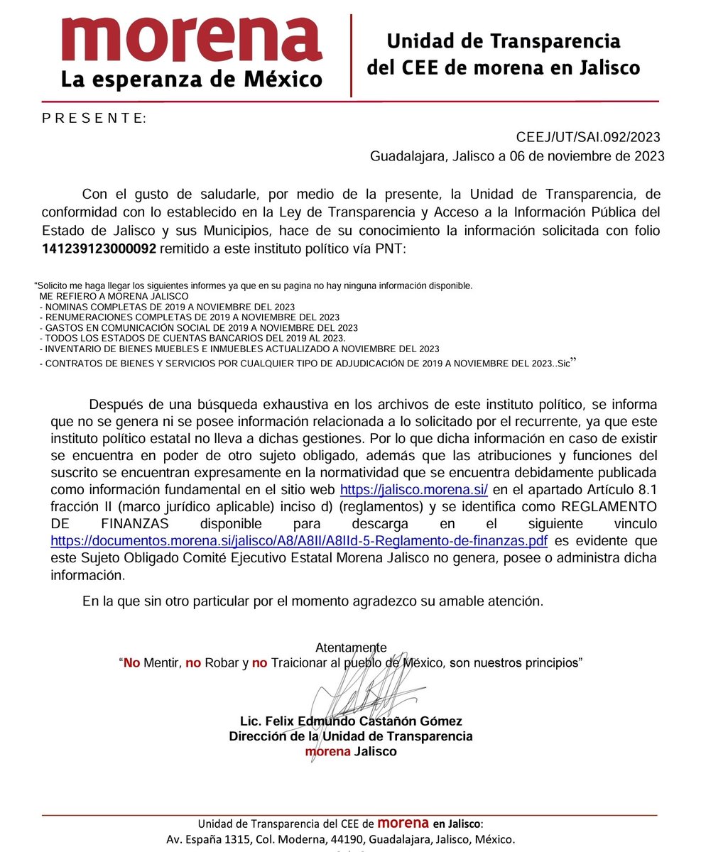Libro_negro_'s tweet photo. Gracias al 𝐈𝐍𝐀𝐈 descubrimos que Morena Jalisco no está reportando el gasto de 139 millones de pesos.

Es por eso que Morena quiere desaparecer al INAI, porque le molesta que los ciudadanos exhiban que son la misma mierda que el PRI,PAN, MC y todos los demás partidos.

Aquí les dejo como Morena Jalisco y Morena Nacional se niegan a entregar información tan básica como la nóminas de su partido en Jalisco.