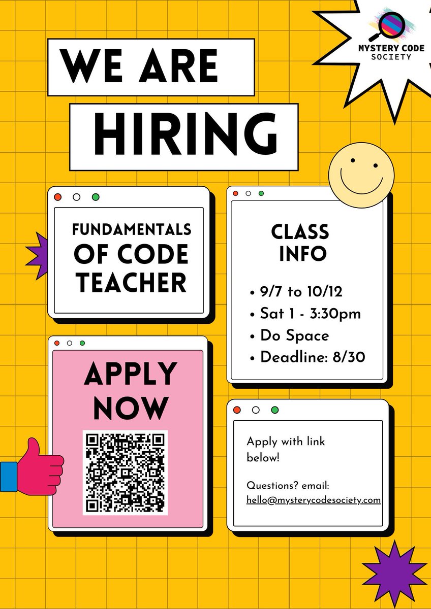 Mystery Code Society is looking for a Teacher for our upcoming Fundamentals of Code course!

It is a free, introductory coding class offered to middle school students who will learn fundamentals of code using block programming! Apply with the link below!

buff.ly/4500TyV