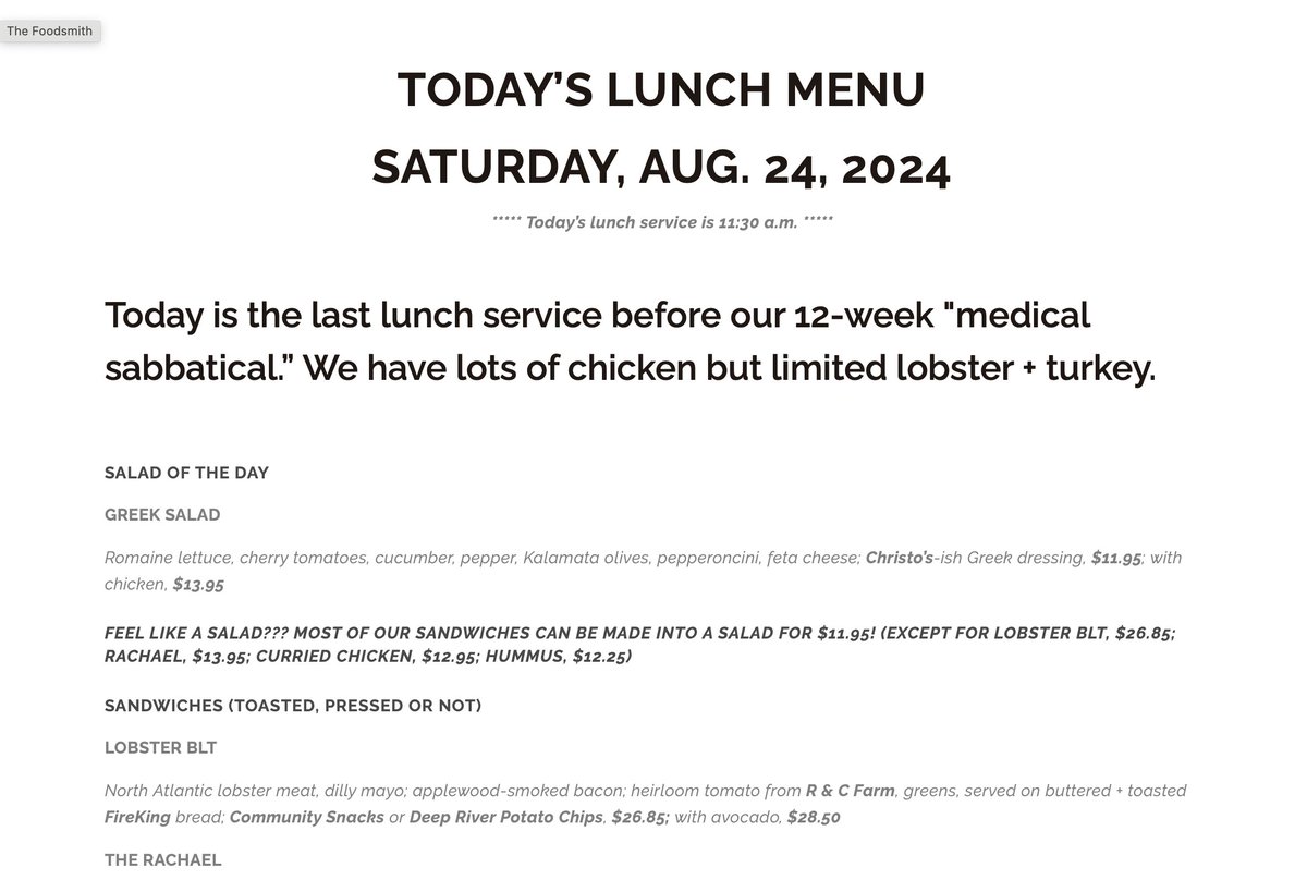 FoodsmithDUX's tweet image. It's our last lunch service before @LauraRaposa's 12-week medical sabbatical! Come on down! Call 781-934-0134 to order. We are here to serve until 2 p.m.! #duxbury