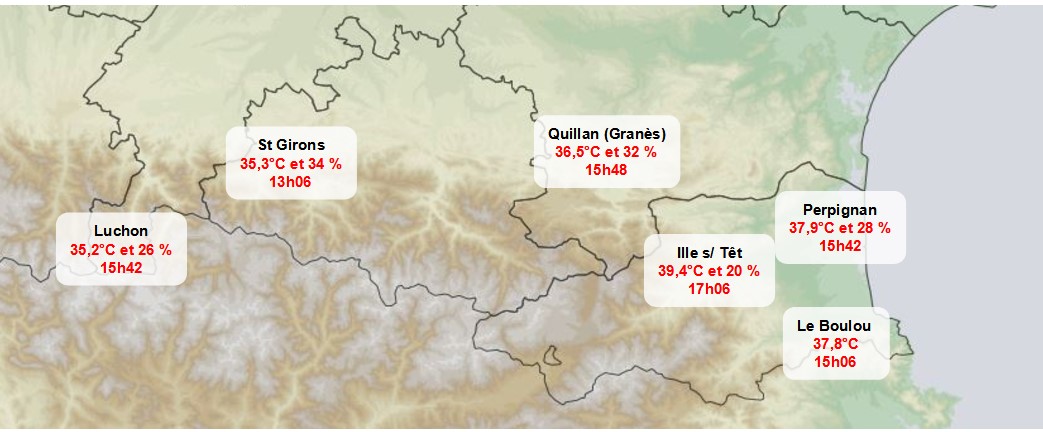 #Foehn au pied des Pyrénées cet après-midi, particulièrement sur #Roussillon, #Conflent et #Albères 
(38°C à 39°C). Données <a href="/meteofrance/">Météo-France</a>