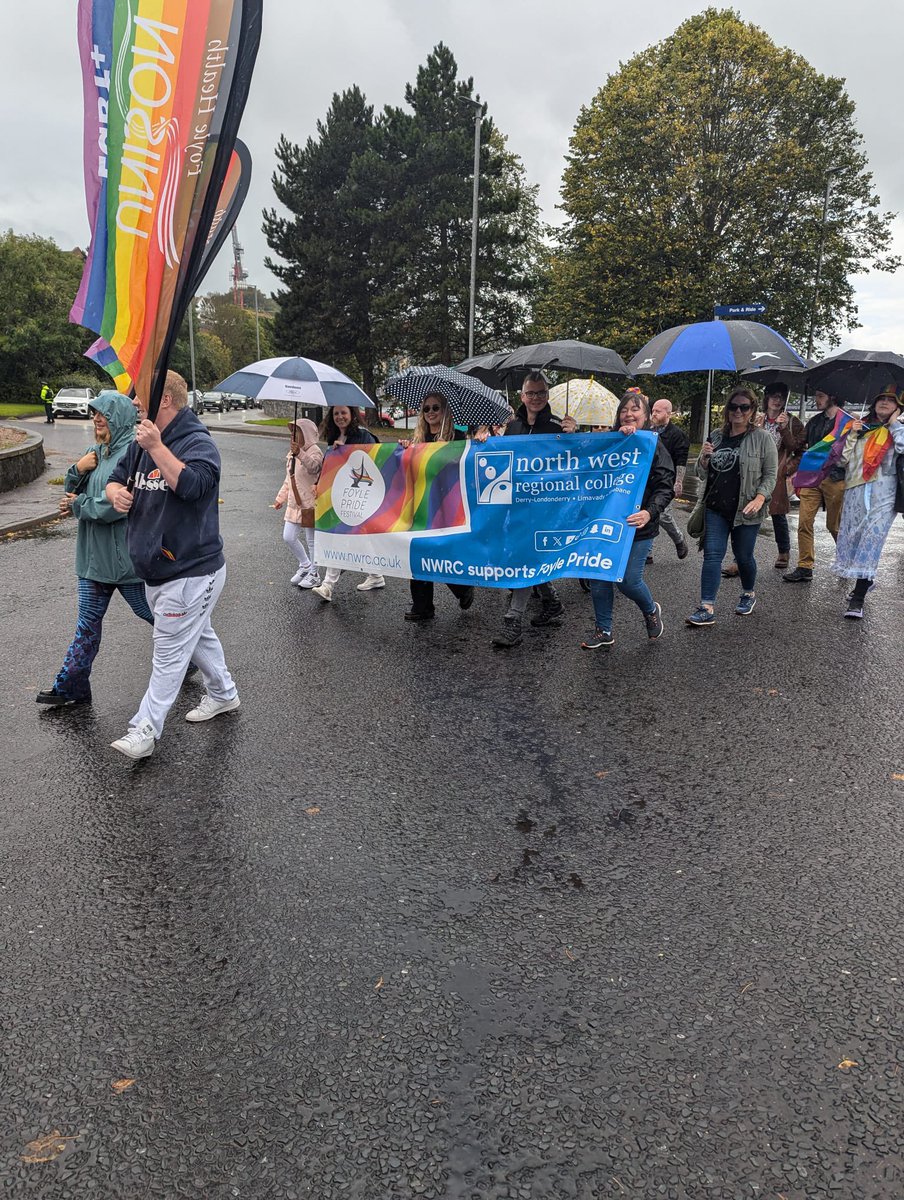nwrc_college's tweet photo. The rain didn’t dampen our spirits at the #foylepride parade today. Great to have our staff out supporting this event. #foylepridefestival https://t.co/t7TA1nwudN