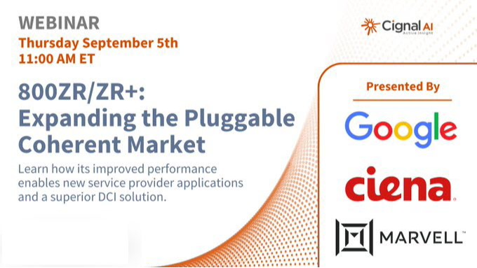 hxenos's tweet photo. 800ZR/ZR+ will expand the deployment of pluggable coherent technology. Join experts from Ciena, Cignal AI, Google, and Marvell for a webinar to learn how its improved performance enables new service provider applications and a superior DCI solution. https://t.co/stgpJBMxlw https://t.co/NGHokO4KlI