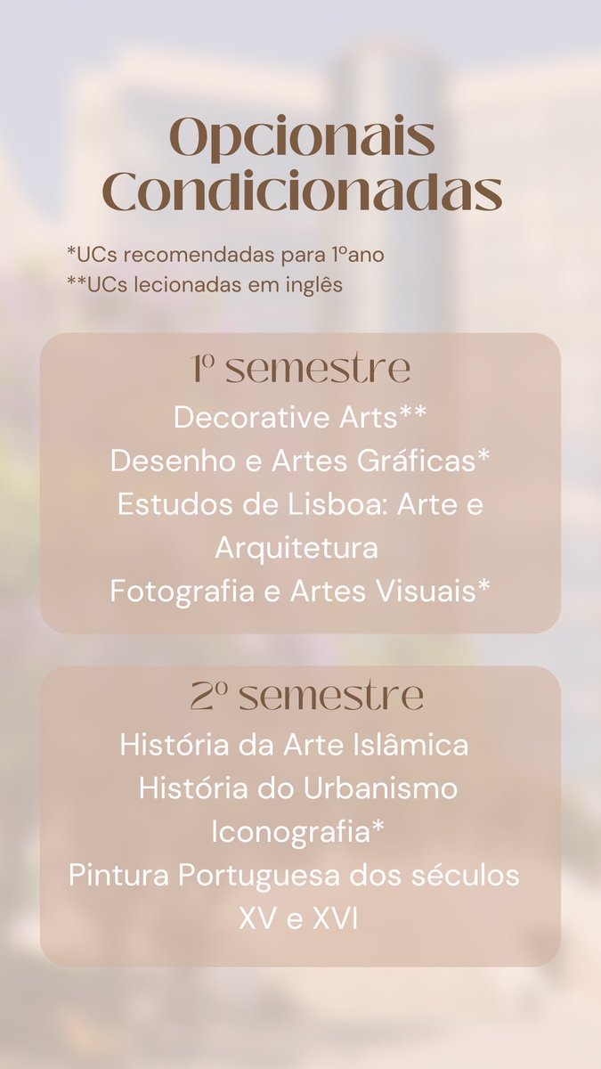 Olá Caloiros! 
Aqui podem verificar as Unidades Curriculares Obrigatórias de 1.º ano e as Opcionais Condicionadas do nosso curso🎓
Podem também aceder ao vosso horário de 1.º e 2.º semestres através do link: acrobat.adobe.com/id/urn:aaid:sc…

Qual dúvida que tenham, enviem DM😌