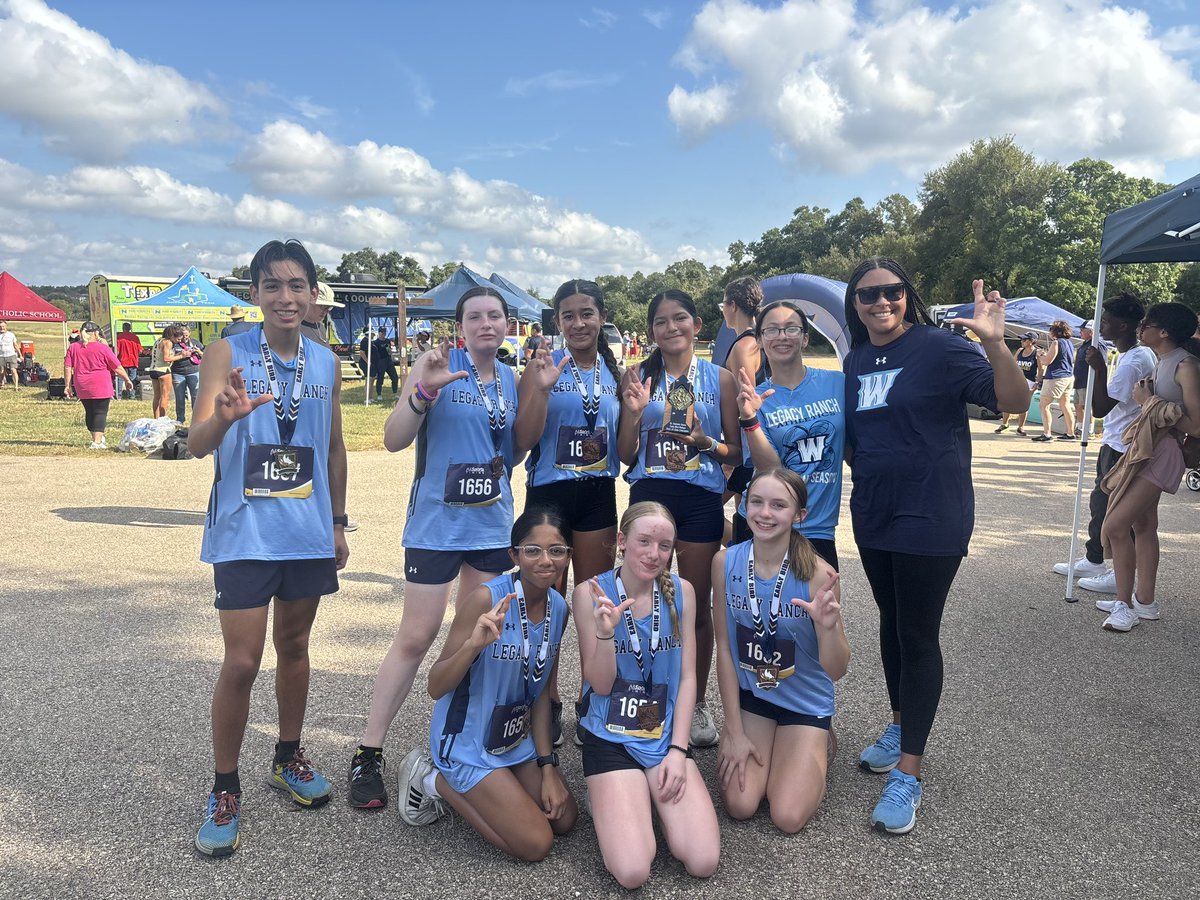LegacyRanchXC's tweet photo. Our XC team wrecked ‘em today! 

🏆 JV Girls Team Champions
🥇JV Boys Division - Sean Arriaga 
🥉JV Girls Division - Drue Johnson 

🏅All of our athletes medaled as top 15 athletes in their division. 

We’re bringing home our first trophy. Building the greatest #LEGACY.

💙🩵🤍 https://t.co/qcPzcqjLTh