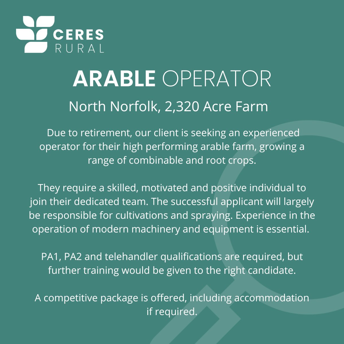 ceresrural's tweet image. A North Norfolk-based, high performing #arablefarm is seeking an experienced #arableoperator, due to retirement of a long-standing employee. To discuss the role, contact jason.cantrill@ceresrural.co.uk | 07592 041506
#farmingjobs #jobsinfarming #jobsinagriculture #norfolkfarming
