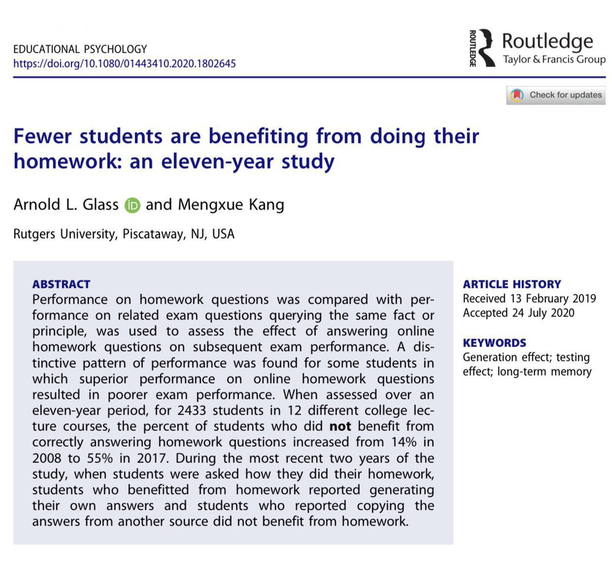 Homework helps if you do the homework. 

Doing it improved final test grades for 86% of students in 2008, but only 45% in 2017. Why? The internet let people copy instead.

When students use AI to “help” with homework, they will benefit if it explains but not if it does the work.