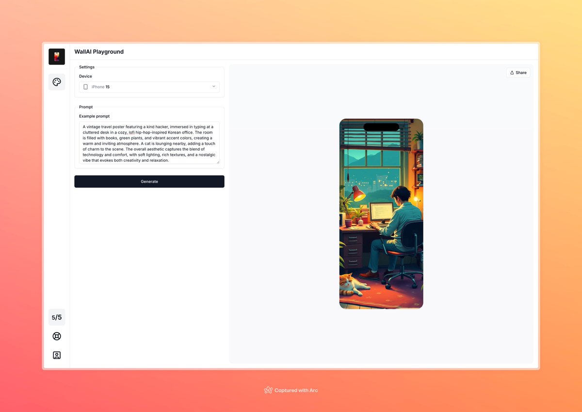 usewallai's tweet photo. #buildinpublic 

First try 🎉🥳
Generated with Flux.
Build with @FAL and @supabase in a few hours.

You can have it too. https://t.co/ny7k4uWBpa