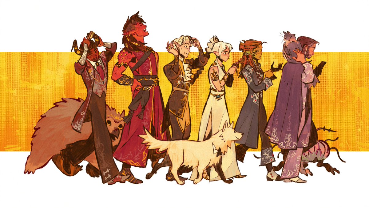 a very late but very happy birthday to #BaldursGate3 ! Not even done with my first playthrough yet but wanted to put the tadpookies (plus beloved Little Guys) in their red carpet best