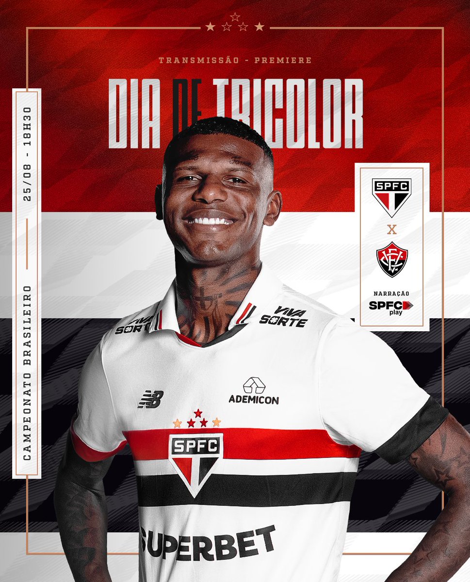SaoPauloFC's tweet photo. Hoje tem Tricolor no MorumBIS! 🔥

⚽️ São Paulo x Vitória
🏟 MorumBIS
⏰ 18h30
🏆 Brasileirão (24ª rodada)

📺 Premiere
🎙 SPFC Play

#VamosSãoPaulo 🇾🇪 https://t.co/R69jocVUiY