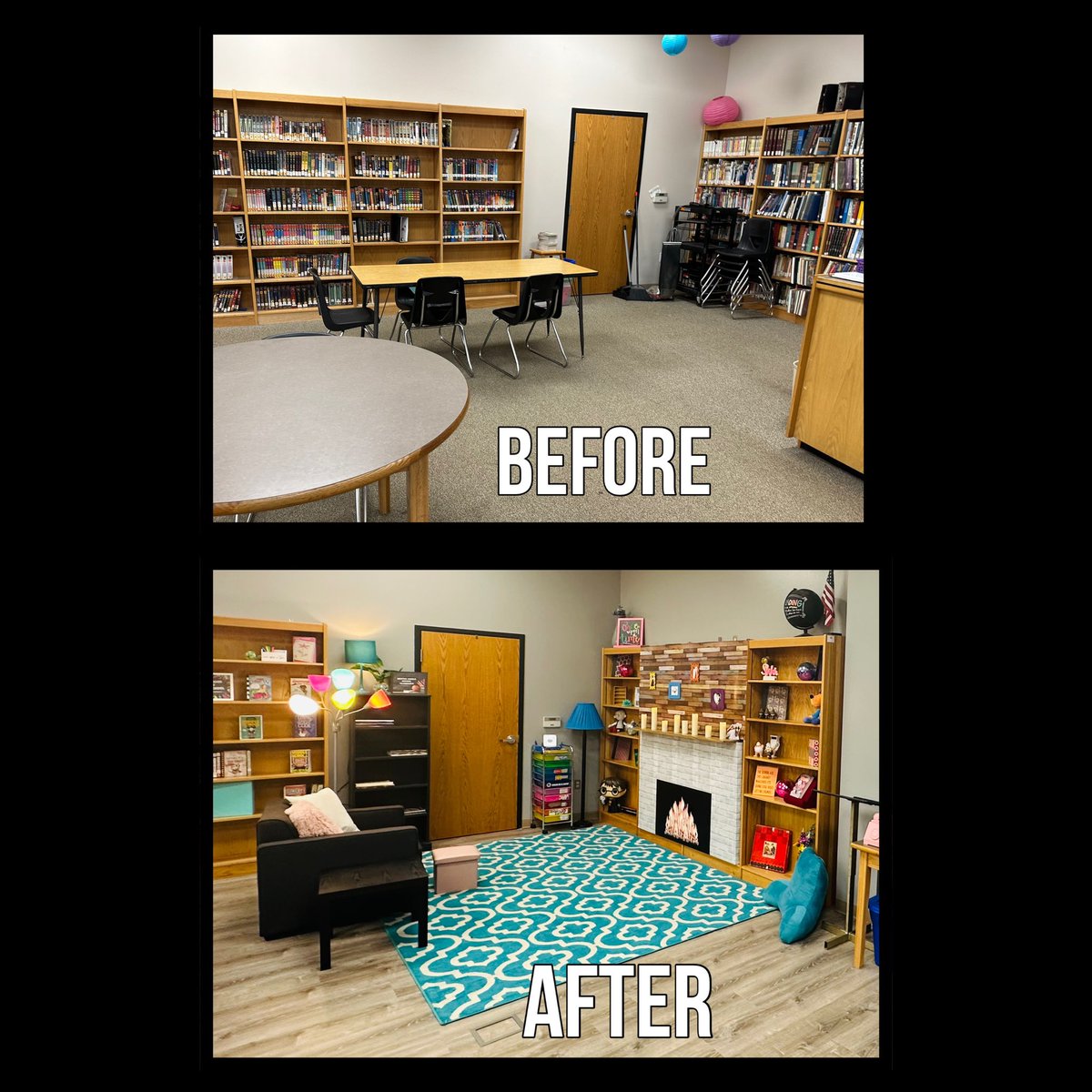 ChrystalBurkes's tweet photo. Before and After photos of the library makeover! ✨ It was a labor of love this summer, but worth it. Looks great! #middleschoollibraries #librarymakeover #publicschoollibrary #middleschoollibrarians https://t.co/hQiqErJGZc