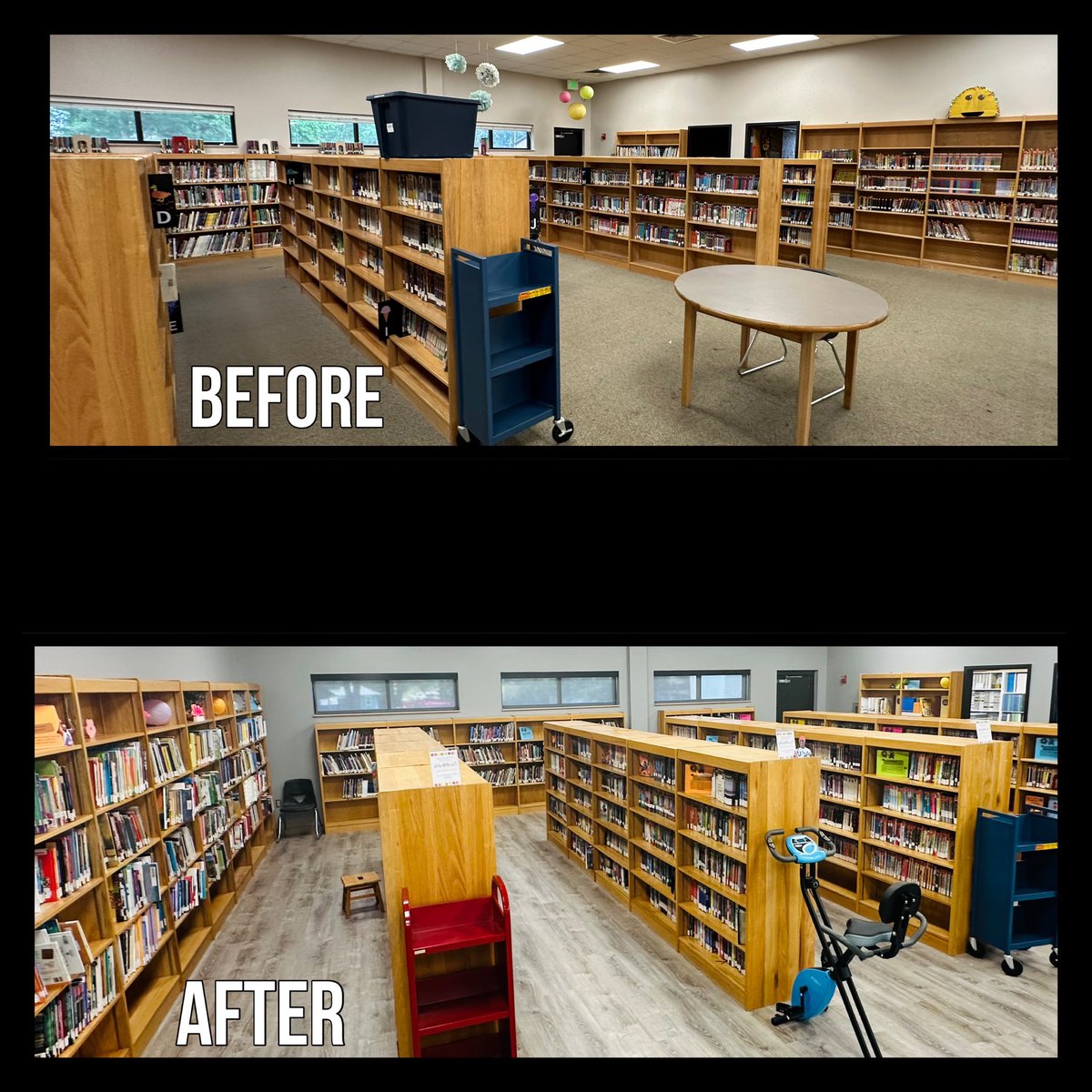 ChrystalBurkes's tweet photo. Before and After photos of the library makeover! ✨ It was a labor of love this summer, but worth it. Looks great! #middleschoollibraries #librarymakeover #publicschoollibrary #middleschoollibrarians https://t.co/hQiqErJGZc