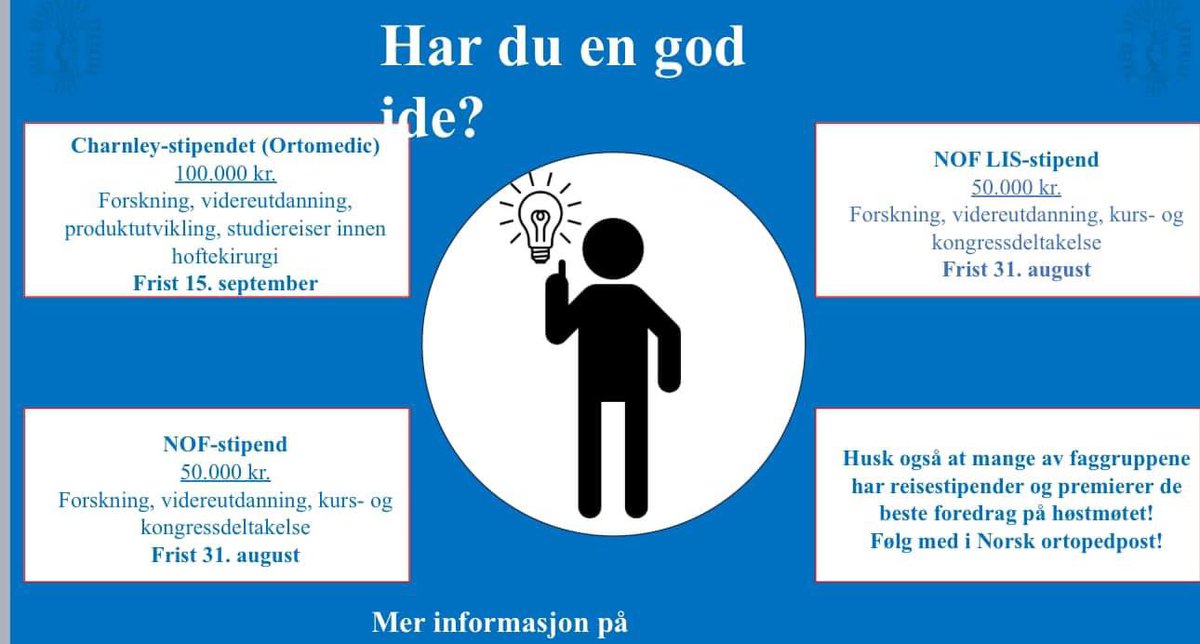 Har du en idé til et prosjekt eller vil du på en kongress, men mangler midler? Norsk ortopedisk forening deler ut stipender. Søknadsfristen nærmer seg (31 august for NOF stipendene og 15 sept for Charnley stipendet fra Ortomedic).
@ortopedi_no 

legeforeningen.no/foreningsledd/…