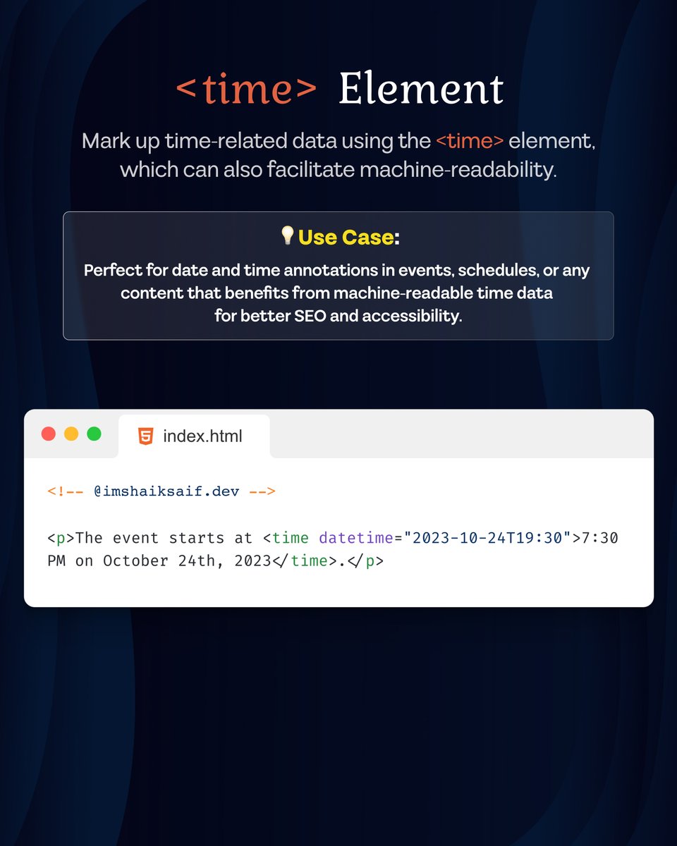 imshaiksaif's tweet image. 🔸 &amp;lt;output&amp;gt; Element
🔸 &amp;lt;progress&amp;gt; Element
🔸 &amp;lt;time&amp;gt; 
🔸 &amp;lt;picture&amp;gt; 
🔸 Custom Elements with is

 What advanced tips do you use? Share in the comments below! 👇 #HTML #WebDevelopment #AdvancedCoding #TechTips #WebDevMastery #imshaiksaif #imshaiksaifWebflowAgency