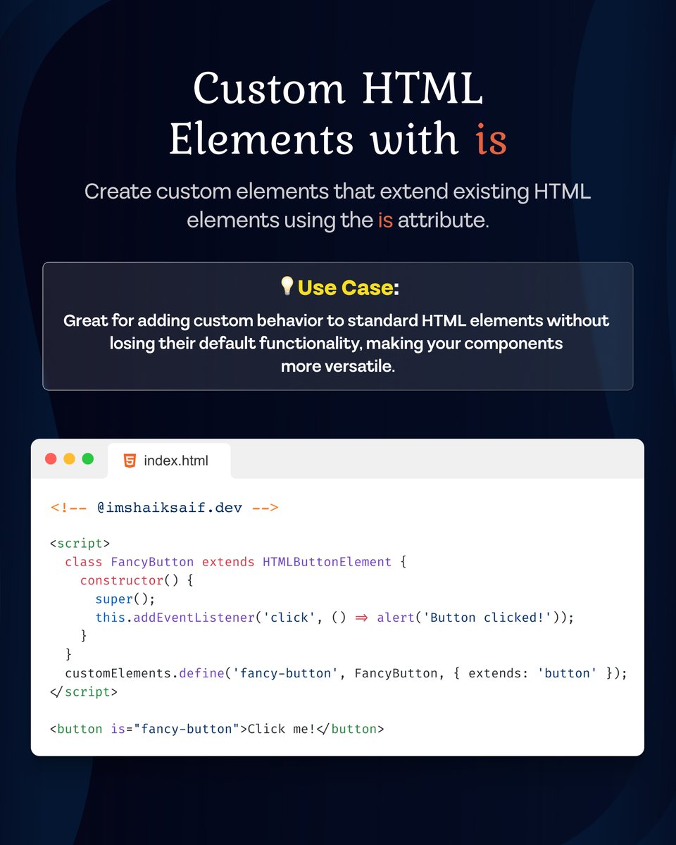 imshaiksaif's tweet image. 🔸 &amp;lt;output&amp;gt; Element
🔸 &amp;lt;progress&amp;gt; Element
🔸 &amp;lt;time&amp;gt; 
🔸 &amp;lt;picture&amp;gt; 
🔸 Custom Elements with is

 What advanced tips do you use? Share in the comments below! 👇 #HTML #WebDevelopment #AdvancedCoding #TechTips #WebDevMastery #imshaiksaif #imshaiksaifWebflowAgency