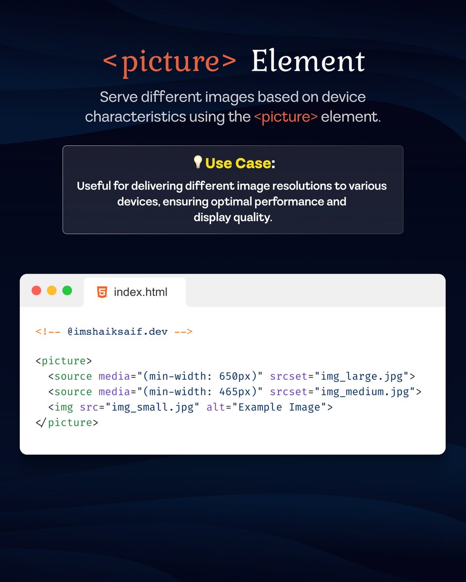 imshaiksaif's tweet image. 🔸 &amp;lt;output&amp;gt; Element
🔸 &amp;lt;progress&amp;gt; Element
🔸 &amp;lt;time&amp;gt; 
🔸 &amp;lt;picture&amp;gt; 
🔸 Custom Elements with is

 What advanced tips do you use? Share in the comments below! 👇 #HTML #WebDevelopment #AdvancedCoding #TechTips #WebDevMastery #imshaiksaif #imshaiksaifWebflowAgency