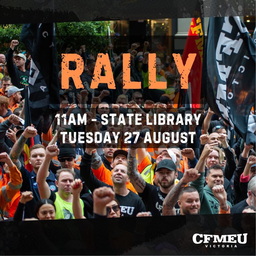 Every trade union member in Melbourne should be there on Tuesday standing alongside <a href="/CFMEUVicTas/">CFMEU Vic-Tas</a> 

Touch one, touch all — if they gut the CFMEU, it will hurt all of us.