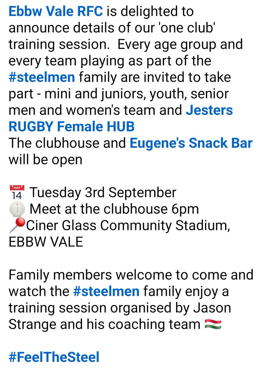 Ebbw Vale Rugby (@evrfc) on Twitter photo To kick off the 24/25 season, <a href="/evrfc/">Ebbw Vale Rugby</a> is holding a 'one club' training session for all teams playing at the club on Tuesday 3rd September at 6pm. Every player is invited to take part in various skills coaching group organised by Jason Strange and his coaching staff
#steelmen 🇭🇺 To kick off the 24/25 season, <a href="/evrfc/">Ebbw Vale Rugby</a> is holding a 'one club' training session for all teams playing at the club on Tuesday 3rd September at 6pm. Every player is invited to take part in various skills coaching group organised by Jason Strange and his coaching staff
#steelmen 🇭🇺