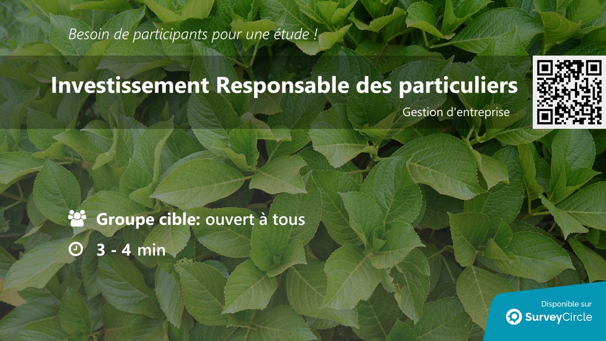 Recherche de participants pour une étude !

Sujet : "Investissement Responsable des particuliers" surveycircle.com/GRZ3S7/ via <a href="/SurveyCircle/">SurveyCircle.com | Recruit Survey Participants</a>

#investissement #environnement #responsable #particuliers #majeurs #enquête #surveycircle