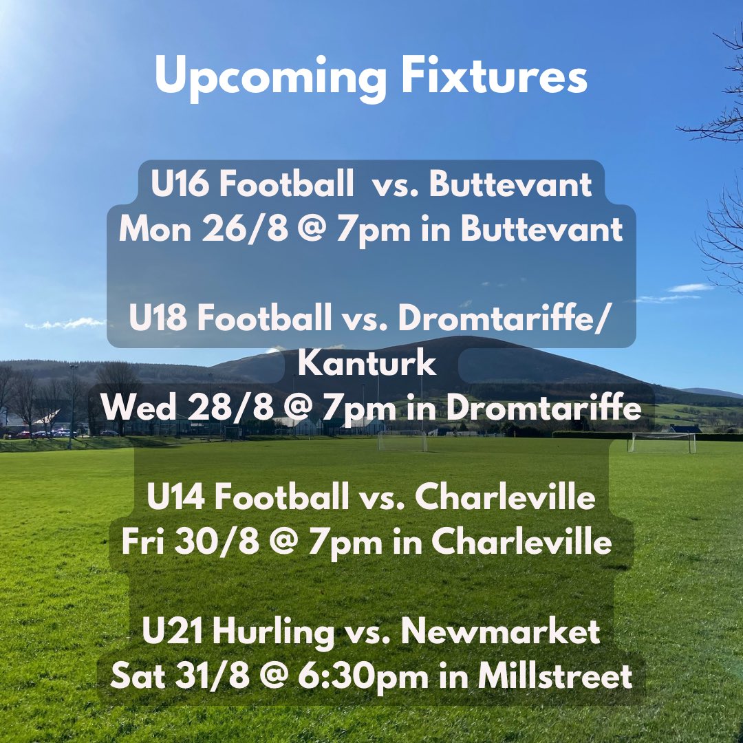 Upcoming fixtures for <a href="/DuarigleGaels/">Duarigle Gaels</a> &amp; <a href="/MillstreetGaa/">Millstreet GAA</a> teams