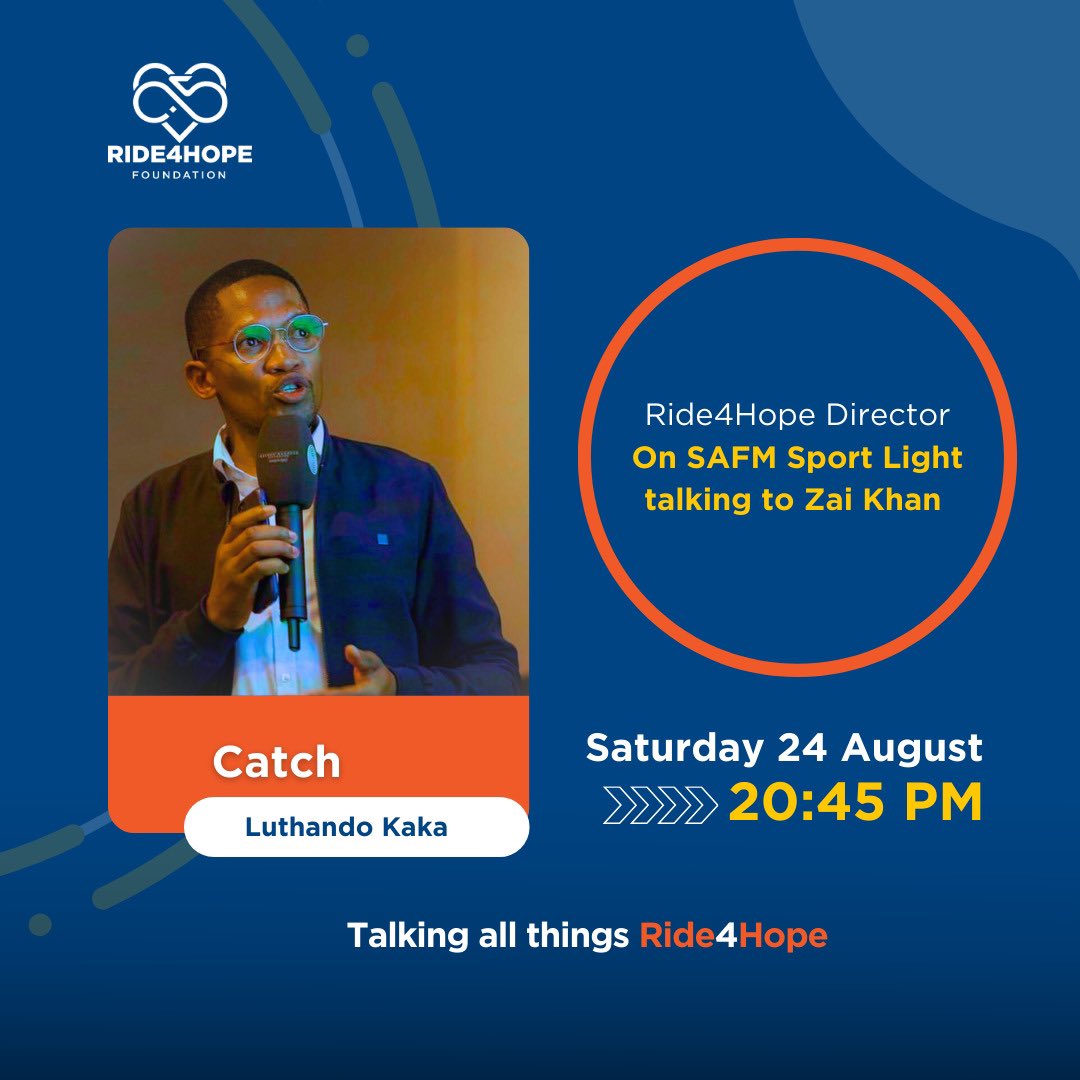 Catch Luthando Kaka, Ride4Hope Foundation Director on @safmradio Sport Light chatting with host Zai Khan ahead of the 2024 Legacy Tour talking all things Ride4Hope.

#cycling 
#makingadifferencewitheachpedalstroke 
#iamride4hope.