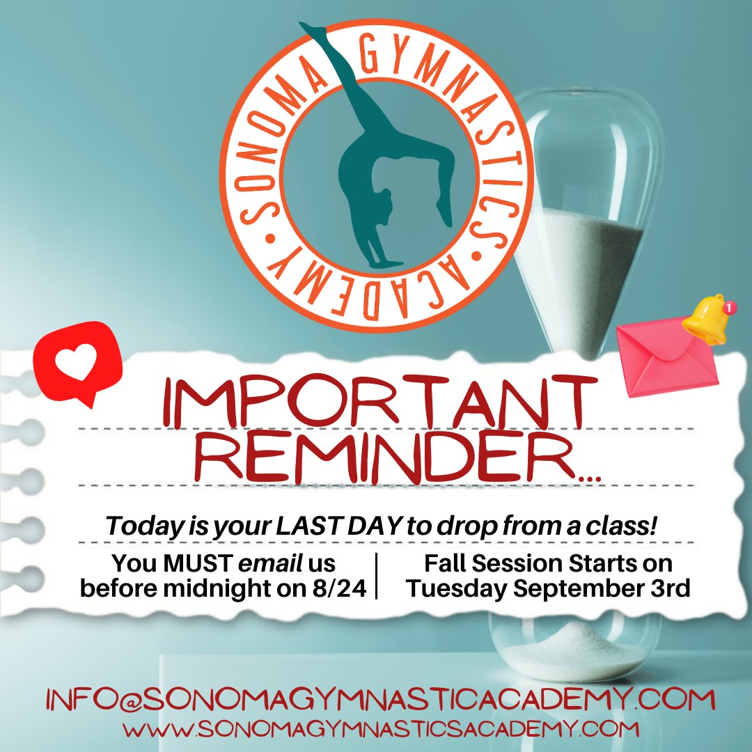TO ALL CURRENT STUDENTS:
We'll charge cards for class/memberships TOMORROW! That means this is your LAST DAY to drop from a class for next session. To drop, email us: info@sonomagymnasticsacademy.com

Looking to join a class?:
sonomagymnasticsacademy.com/classes/

#sonoma #gymnastics #academy