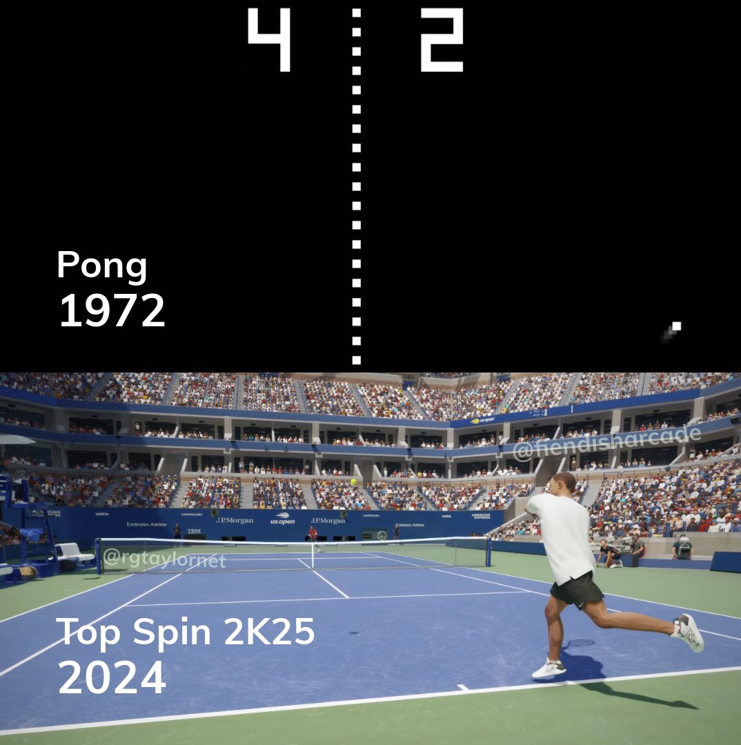 rgtaylornet's tweet image. 52 years of video game evolution… •

Pong  (Atari)(1972) 
Topspin 2K25  (2K)(2024)

RG 🏓🎾🕹️🎮 🤙🏽✨

#rgtaylornet #gamer #gaming #fiendisharcade #game #retrogaming #gaminghistory #meme #design #atari #pong #2Kgames #topspin2K25 #pingpong #tabletennis #tennis #videogame #gameon