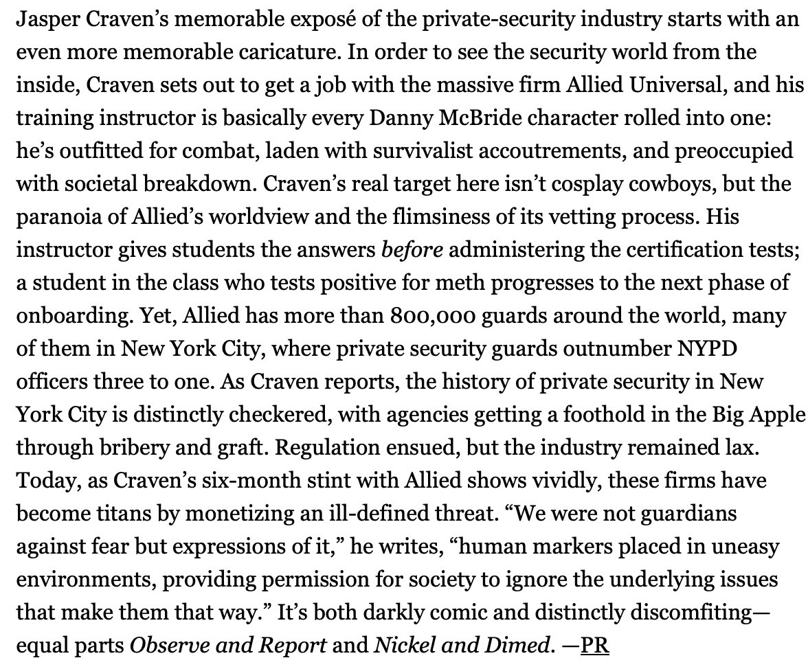 Jasper Craven (@jasper_craven) on Twitter photo My <a href="/Harpers/">Harper's Magazine</a> piece on security guards made Top 5 of the week at @longreads!
Their blurb perfectly distills the story, including when they describe my training instructor as "basically every Danny McBride character rolled into one."
Read it!
harpers.org/archive/2024/0… My <a href="/Harpers/">Harper's Magazine</a> piece on security guards made Top 5 of the week at @longreads!
Their blurb perfectly distills the story, including when they describe my training instructor as "basically every Danny McBride character rolled into one."
Read it!
harpers.org/archive/2024/0…