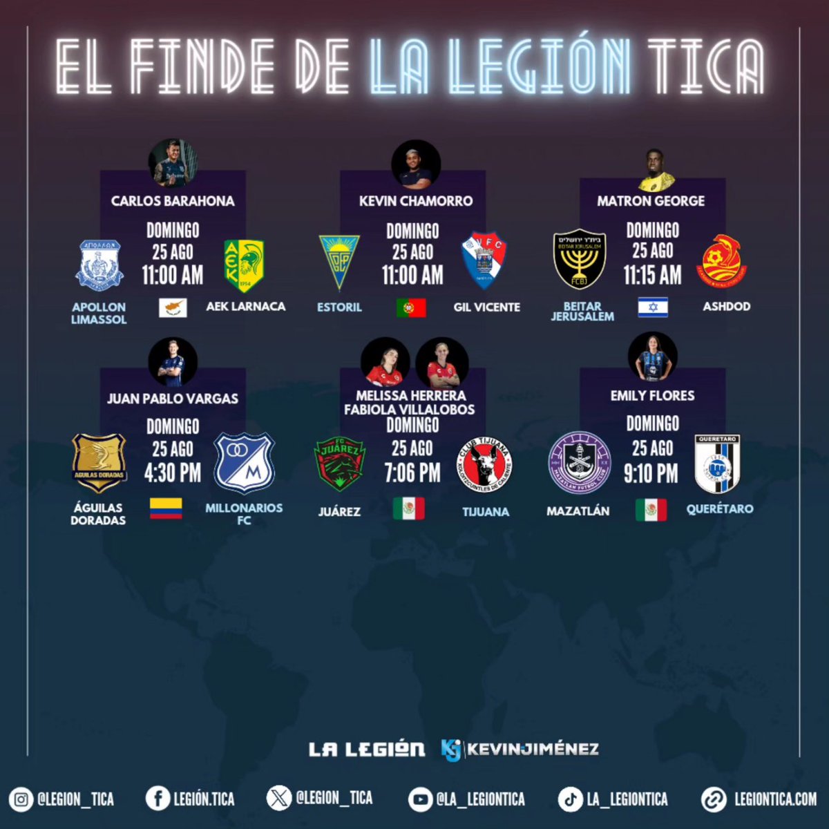 🚨¡ATENCIÓN!🚨

En la siguiente cartelera, conocé la actividad de la #LegiónTica alrededor del Mundo para este domingo 25 de agosto 🌍🇨🇷⚽.

#Seguimos 🕶️ junto a <a href="/KevinJimenezCR/">Kevin Jiménez</a>