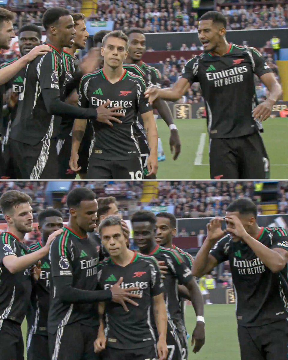 William Saliba telling Leandro Trossard to hit his goggles celebration after scoring Arsenal's opener vs. Aston Villa 😂🥽