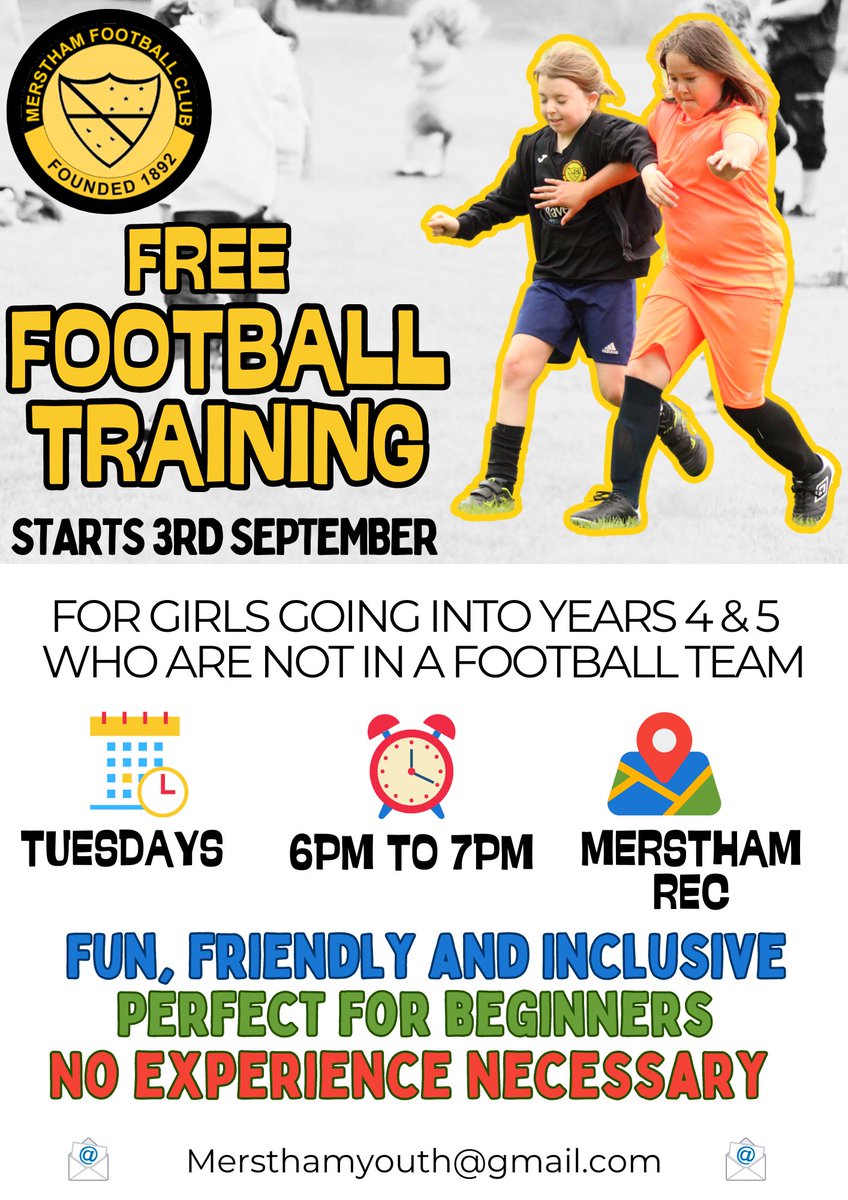 MersthamWildcat's tweet photo. FREE Girls Football training sessions! Starting 3rd September 2024

📅 Tuesdays 
⏰️ 6pm - 7pm 
#️⃣ School years 4 and 5 
📍 Merstham Rec 
💳 FREE 

DM us for more info or email Mersthamyouth@gmail.com

@MersthamFC1892 https://t.co/WAUDmHjzoF