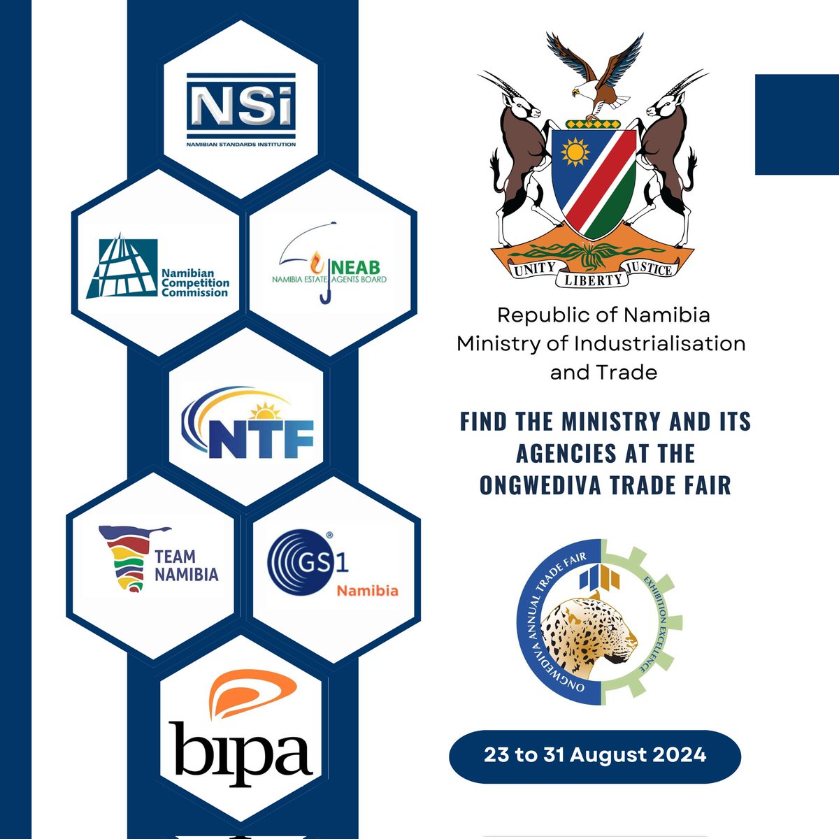 Join MIT and all the Ministry's agencies at Ongwediva Annual Trade Fair - OATF 

23 August to 31 August 2024

<a href="/MinistryofIT/">Ministry of Industrialisation and Trade</a>
<a href="/NTFNamibia/">Namibia Trade Forum</a>
@GS1Namibia
<a href="/bipa_nam/">@bipa_nam</a>
<a href="/TeamNamibia/">Team Namibia</a>

Find BIPA in Queens Hall and the other Agencies in the MIT tent.