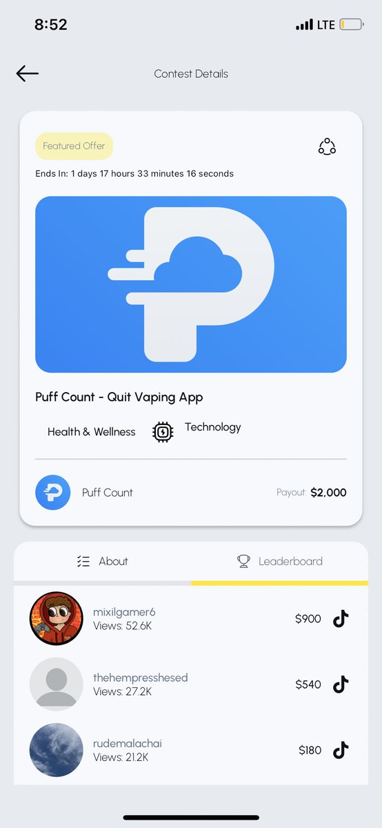 StevenCravotta's tweet image. Just launched a CONTENT CONTEST for my mobile app Puff Count

Over 18 submissions and 150,000+ organic views

Still 1 day left in the contest to submit content

We have gotten submissions from creators with over 2M followers

ONLY the most viewed creators get paid