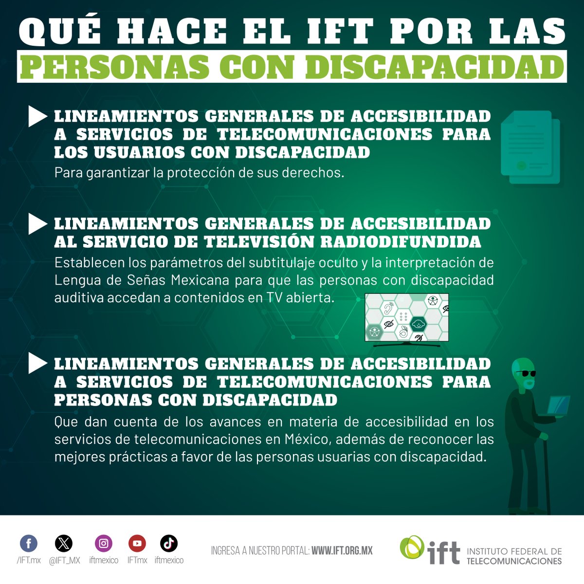 Las personas con #Discapacidad♿️tienen derecho a acceder a servicios #Telecom📡y #Radiodifusión📺📻.
Gracias al <a href="/IFT_MX/">IFT</a>, existen los lineamientos generales para estos #Usuarios, conoce más en esta #InfoIFT👇
El #IFTSirveAMéxico 🇲🇽 porque es un #IFTAccesible🙌