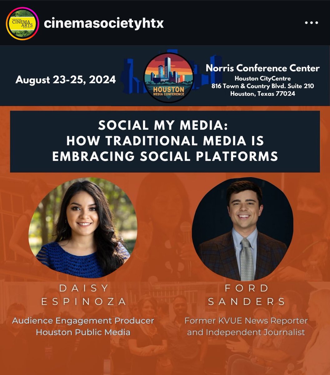 Es hoy! Es hoy! 🥳 In an hour, Ford Sanders and I will be discussing how traditional media is embracing social platforms at the Houston Media Conference. <a href="/cinemaHTX/">Houston Cinema Arts Society</a>