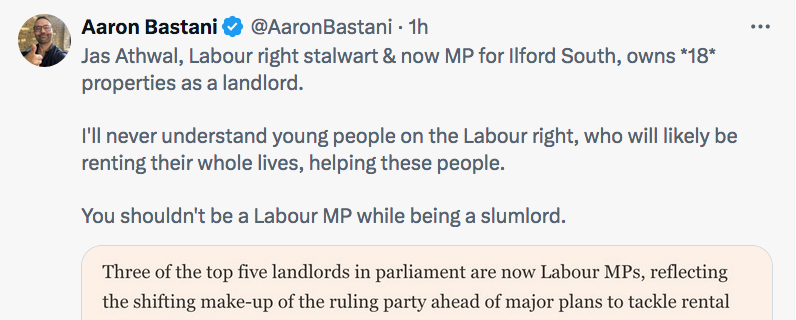 HarveyFortune2's tweet photo. @pbowd1981 @stuzi_pants @AaronBastani Yes this was his original post. Quite clearly shit his pants when realising that accusing @Jas_Athwal of renting out slums could see Bastani ending up in court. https://t.co/cHFE7U8hjI