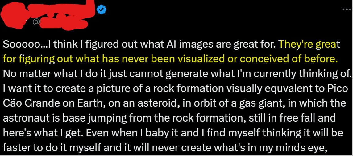 dogsgomoo's tweet photo. In other words, the magical regurgitation machines can't create what they haven't previously stolen, consumed and digested from the labor of countless uncredited human artists. DudeBros out there *almost* getting it... Almost. 🙃 https://t.co/NWYAqUdURh